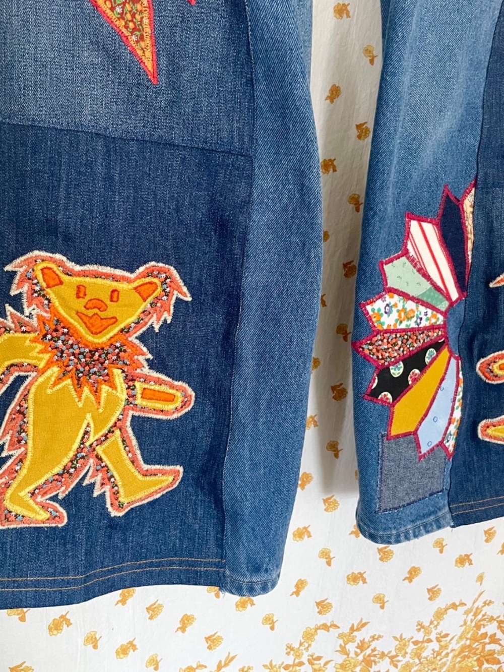 Vintage Lee Upcycled Patchwork Jeans 12P OOAK 70s Hippie Wide Leg - Picture 2 of 12